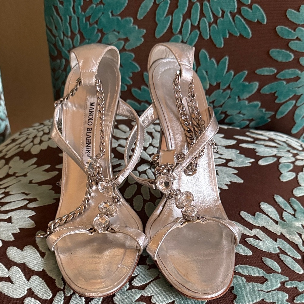 Manolo Blahnik Metallic Silver Chain Heels